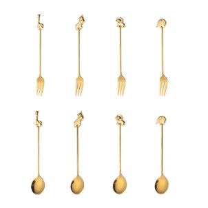 Animal 304# Stainless Steel Small Mini Mixing Stirring Gold Silver Spoon Fork Set in Gift Box for Coffee Tea Dessert