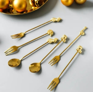 Animal 304# Stainless Steel Small Mini Mixing Stirring Gold Silver Spoon Fork Set in Gift Box for Coffee Tea Dessert
