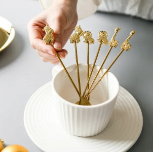 Animal 304# Stainless Steel Small Mini Mixing Stirring Gold Silver Spoon Fork Set in Gift Box for Coffee Tea Dessert