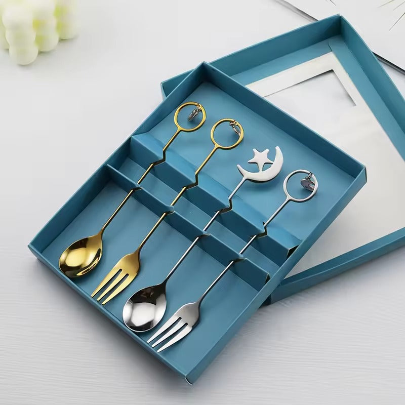 304 Creative Stainless Steel Spoon and Fork Set Star Moon Dessert Cake Spoon Fruit Fork Stir Ice Spoon