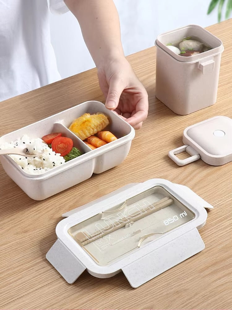 Eco Friendly Wheat Straw Fiber Bento Box Soup Drinking Cup Lunch Box Set with Spoon Chopsticks Cutlery and Lid