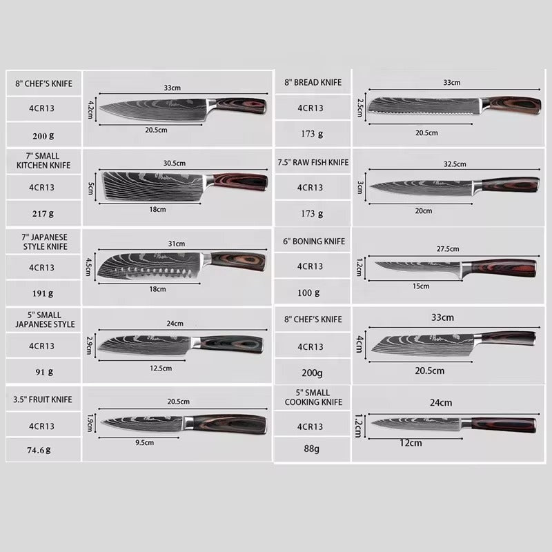 8 Pieces Professional Kitchen Slicing Tool 8 Inch Japanese Damascus Steel Laser Pattern Kitchen Chef Knife Set
