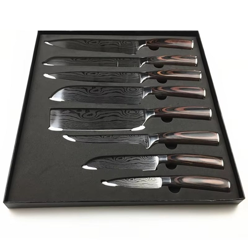 8 Pieces Professional Kitchen Slicing Tool 8 Inch Japanese Damascus Steel Laser Pattern Kitchen Chef Knife Set
