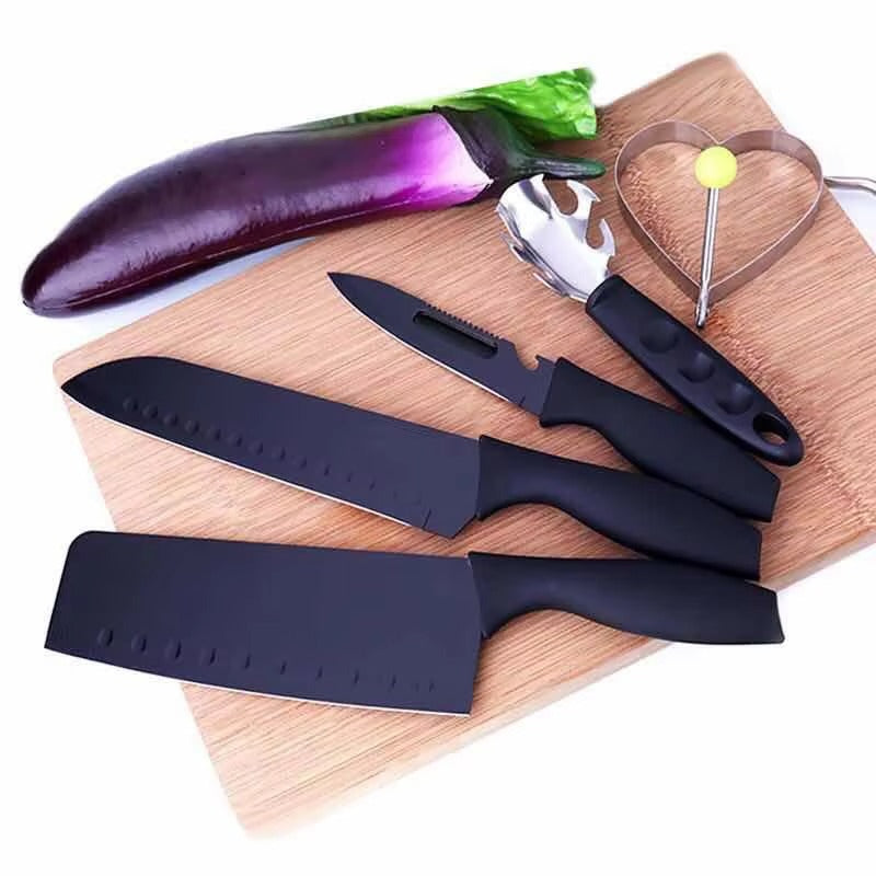 German Professional Premium Quality 5 Pcs 5 Piece Matte Black Plated Stainless Steel Chef Knife Set for Kitchen Tool