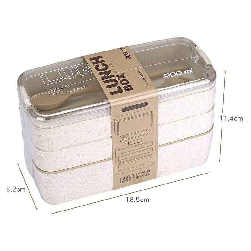 Eco Friendly Wheat Straw Fiber Bento Box Three Layers Lunch Box Set with Spoon Fork Cutlery and Lid