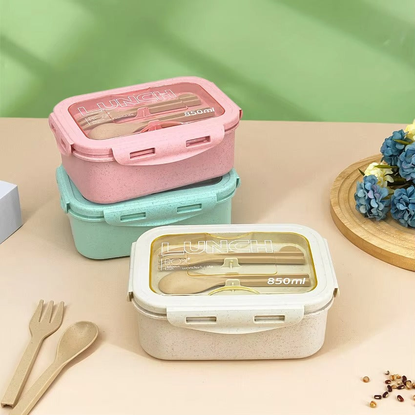 Portable Lunch Box Bento Rice Husk Eco Wheat Straw Fiber Lunch Box with Spoon Fork Cutlery for Student Worker