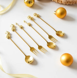 Animal 304# Stainless Steel Small Mini Mixing Stirring Gold Silver Spoon Fork Set in Gift Box for Coffee Tea Dessert