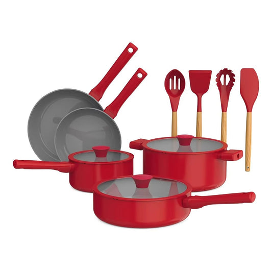New Arrival Eco-Friendly 12-Pieces Red Nonstick Aluminum Cookware Sets with Ceramic Coating for the Kitchen