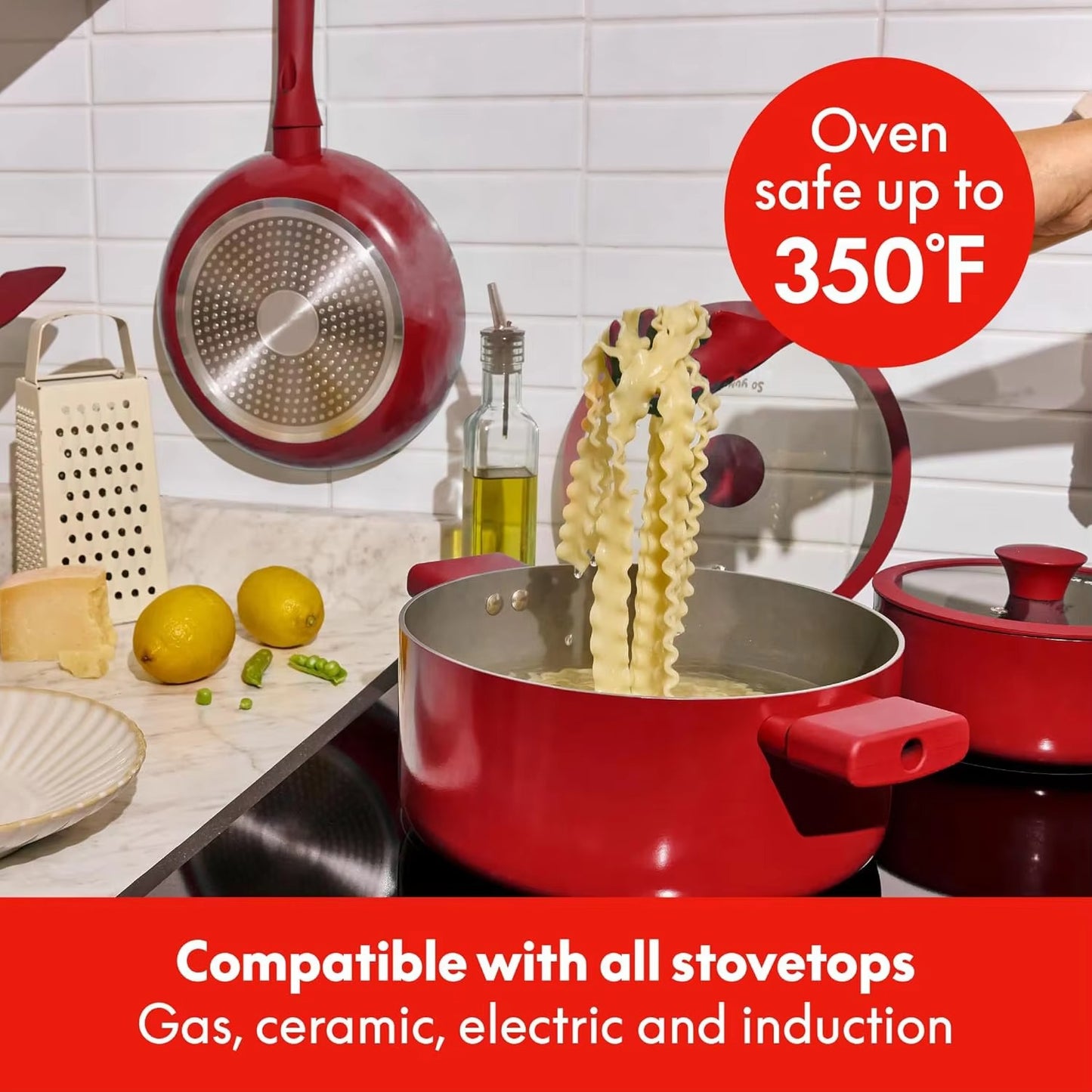 New Arrival Eco-Friendly 12-Pieces Red Nonstick Aluminum Cookware Sets with Ceramic Coating for the Kitchen