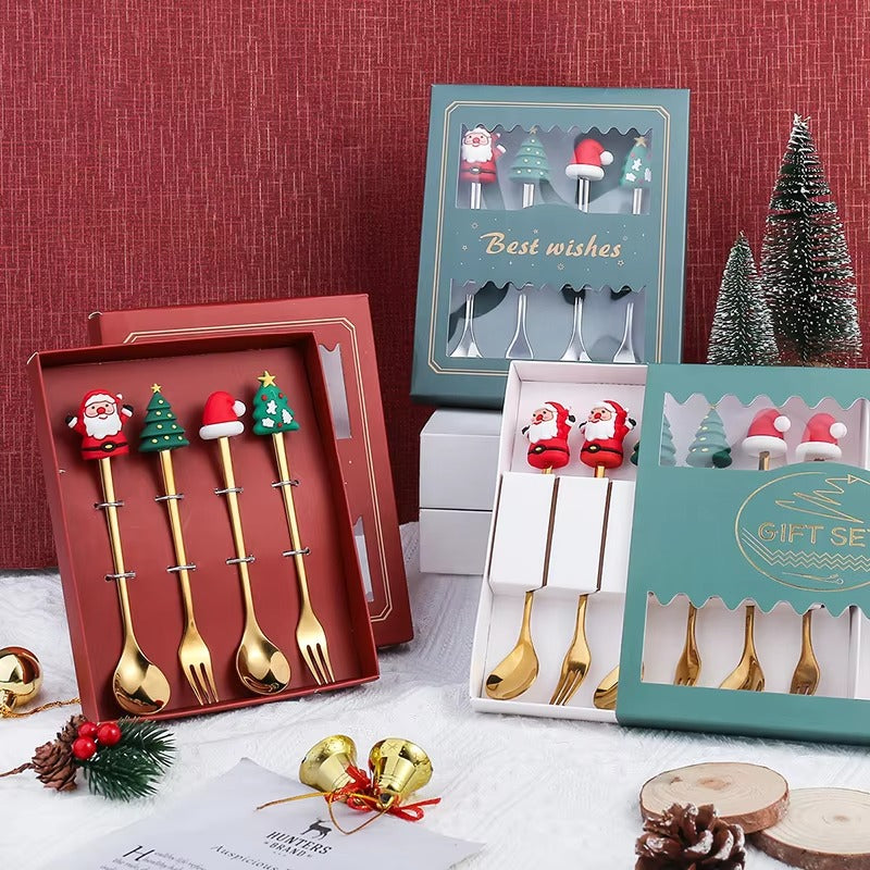 Christmas Gift Set Gold Plated Flatware Metal 410 Stainless Steel Coffee Dessert Spoon Fruit Fork Cutlery in Box