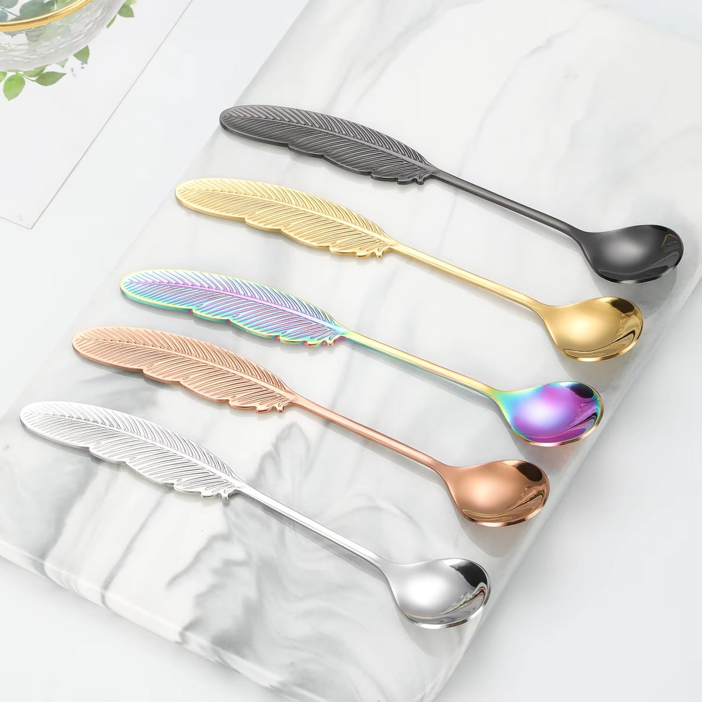 Wholesale Factory Feather Shape Spoon Metal 304 Stainless Steel Coffee Dessert Spoon Fruit Fork for Home Hotel Party
