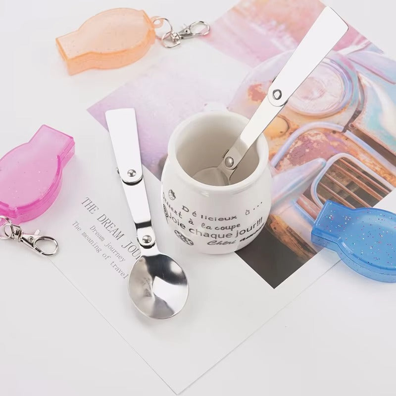 Outdoor Metal Stainless Steel 304 Collapsible Folding Spoon with Plastic Color case and Hook for Camping Travel