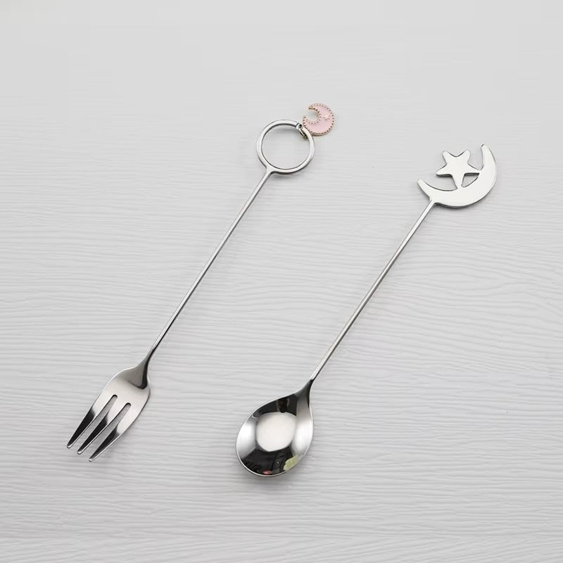 304 Creative Stainless Steel Spoon and Fork Set Star Moon Dessert Cake Spoon Fruit Fork Stir Ice Spoon