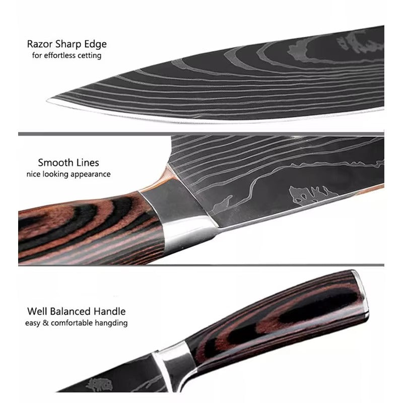 8 Pieces Professional Kitchen Slicing Tool 8 Inch Japanese Damascus Steel Laser Pattern Kitchen Chef Knife Set