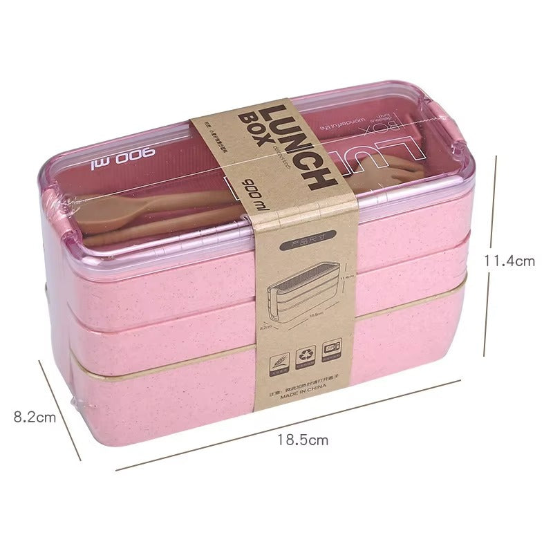 Eco Friendly Wheat Straw Fiber Bento Box Three Layers Lunch Box Set with Spoon Fork Cutlery and Lid