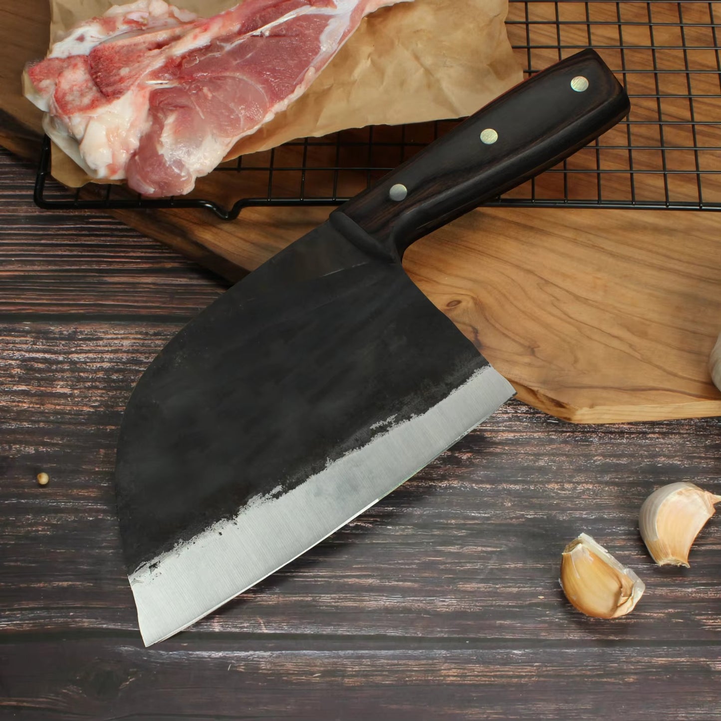 Manufacturers Knives Big Boning Butcher Handmade Hammered Forged Kitchen Chef Knife Set with Leather Cover Sheath Scabbard