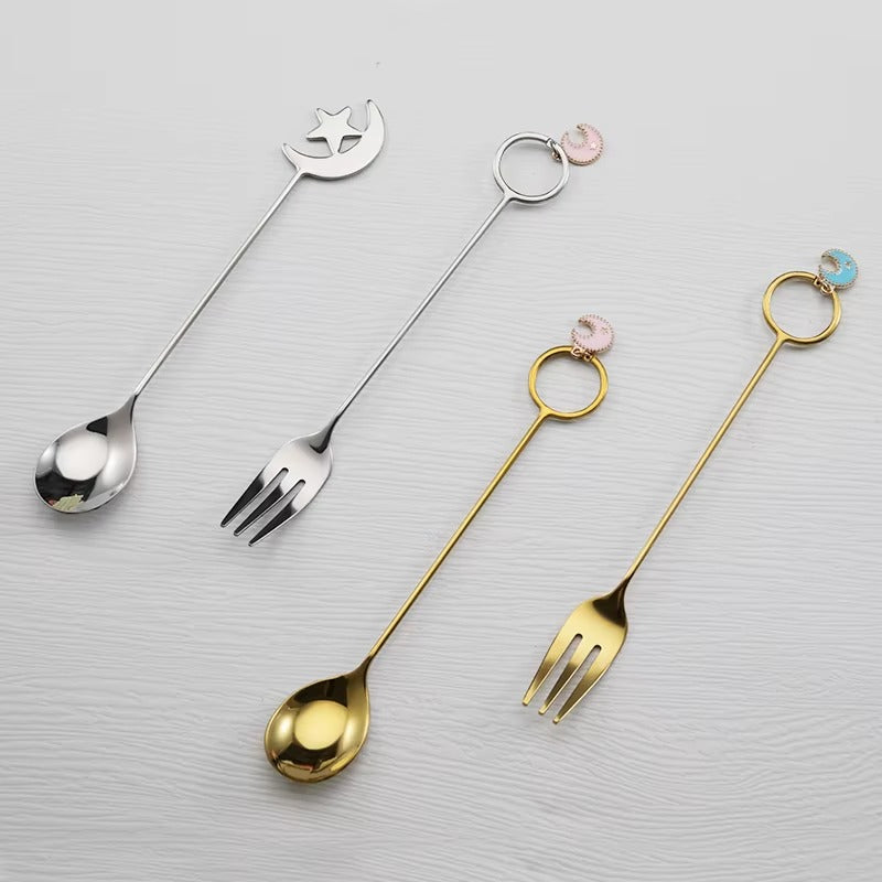 304 Creative Stainless Steel Spoon and Fork Set Star Moon Dessert Cake Spoon Fruit Fork Stir Ice Spoon