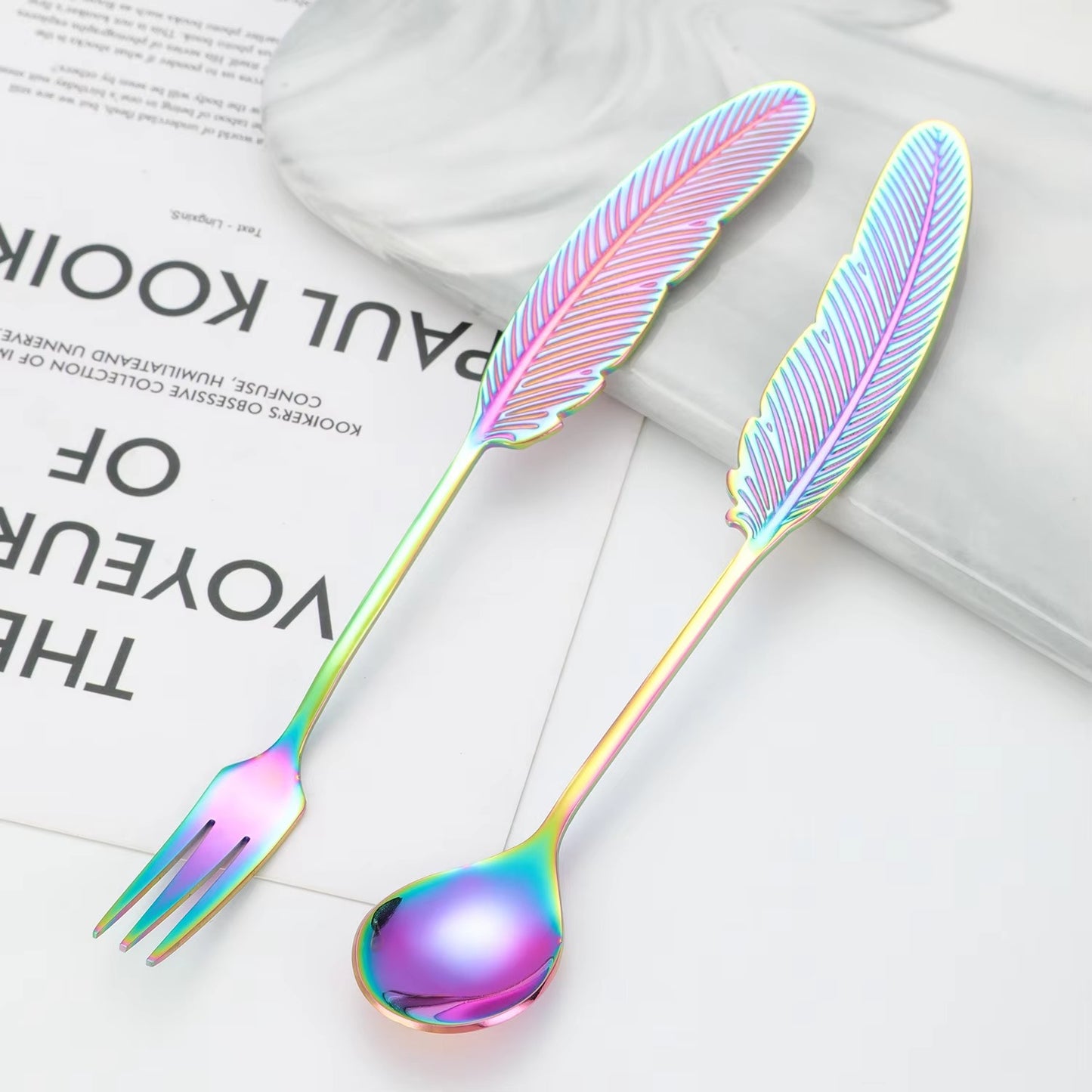 Wholesale Factory Feather Shape Spoon Metal 304 Stainless Steel Coffee Dessert Spoon Fruit Fork for Home Hotel Party