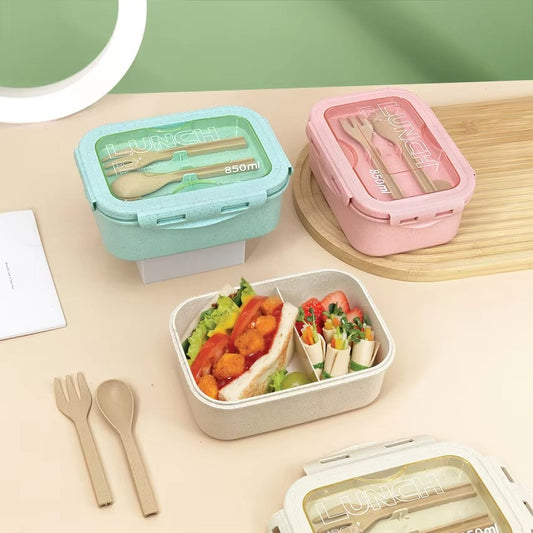 Portable Lunch Box Bento Rice Husk Eco Wheat Straw Fiber Lunch Box with Spoon Fork Cutlery for Student Worker