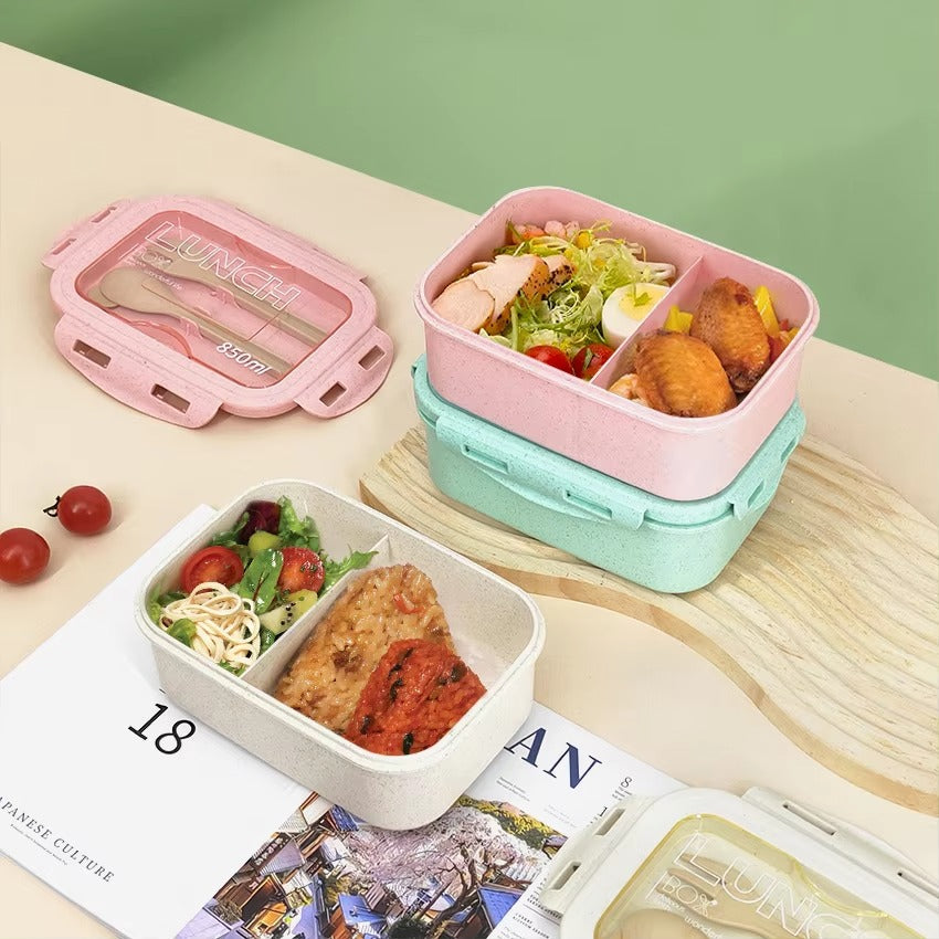 Portable Lunch Box Bento Rice Husk Eco Wheat Straw Fiber Lunch Box with Spoon Fork Cutlery for Student Worker