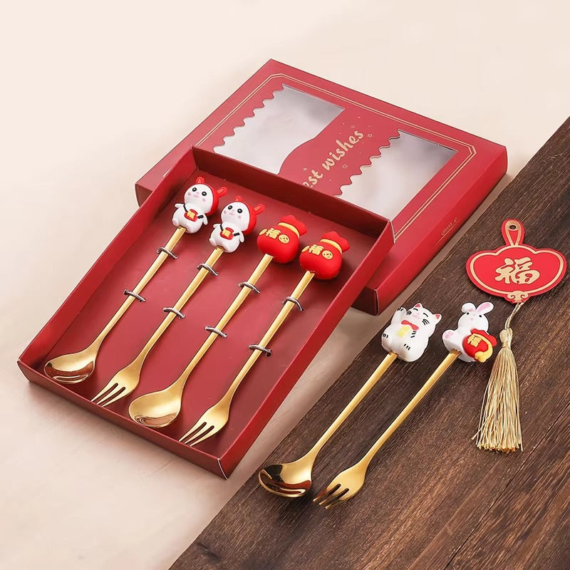 Christmas Gift Set Gold Plated Flatware Metal 410 Stainless Steel Coffee Dessert Spoon Fruit Fork Cutlery in Box