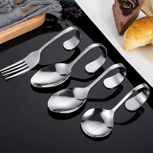 Stainless Steel Curved Handle Spoon Self-Service Western Style Seafood Sushi Vertical Creative Curved Handle Shaped Spoon Fork