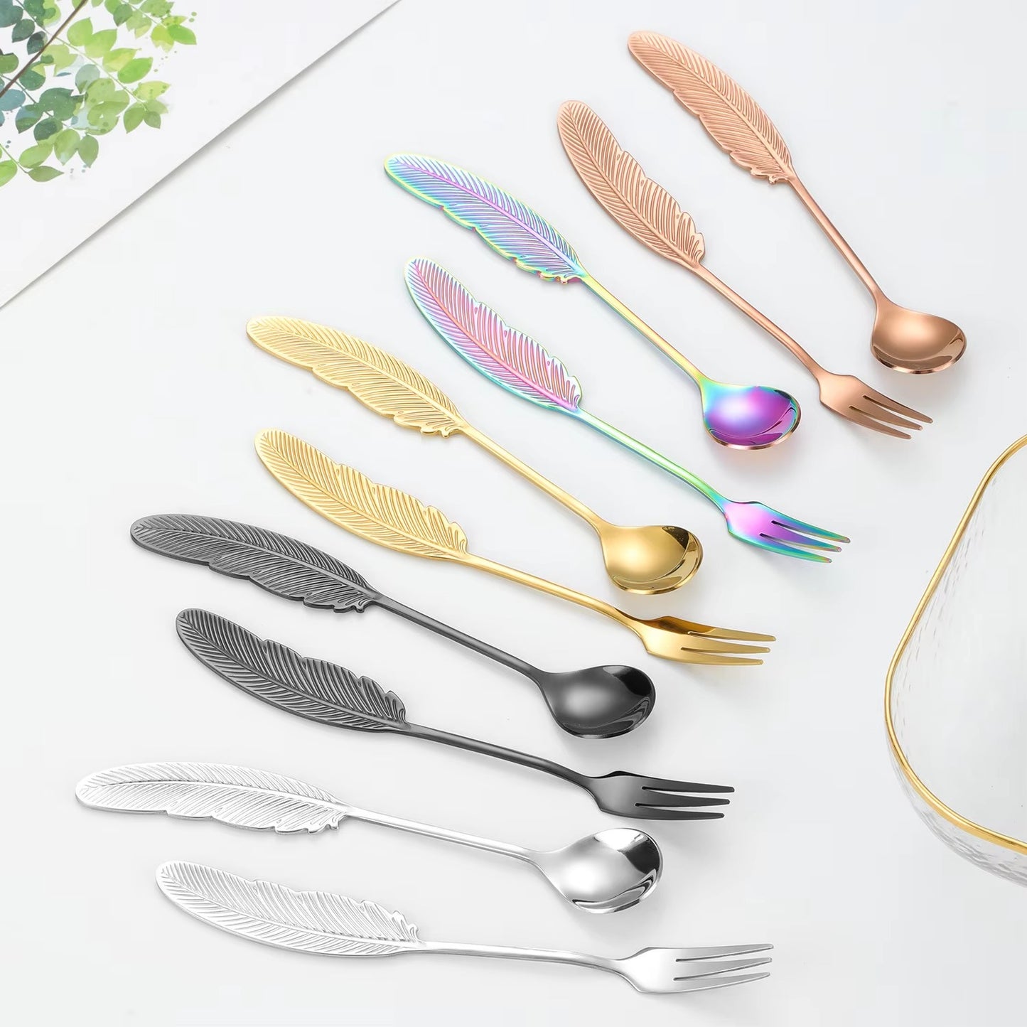 Wholesale Factory Feather Shape Spoon Metal 304 Stainless Steel Coffee Dessert Spoon Fruit Fork for Home Hotel Party