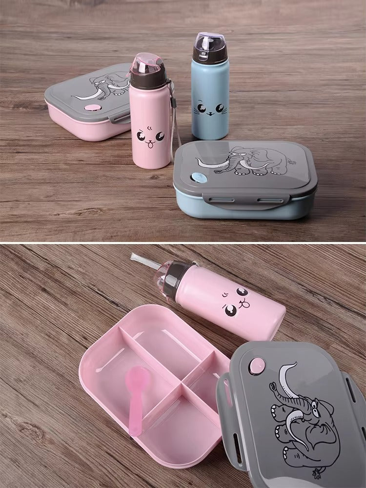 Kid Children Cartoon Design Plastic Bento Lunch Box With Water Bottle Set and Spoon Plastic Food Container