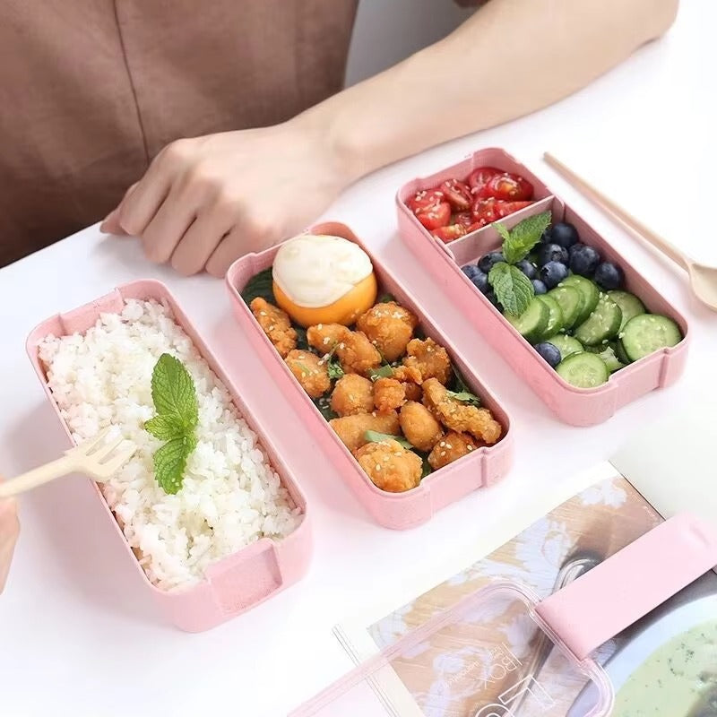 Eco Friendly Wheat Straw Fiber Bento Box Three Layers Lunch Box Set with Spoon Fork Cutlery and Lid