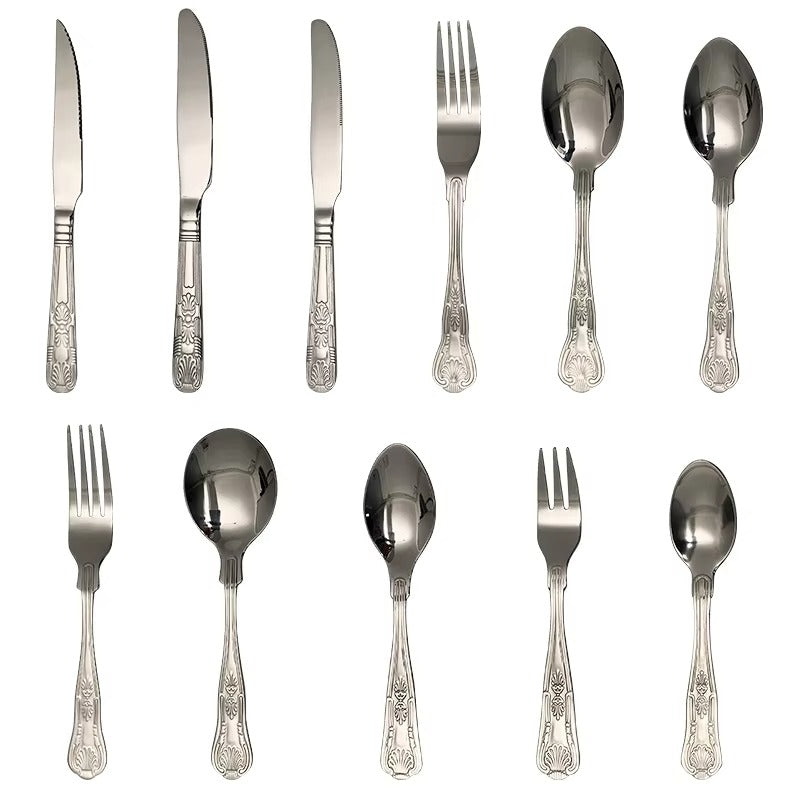 Stainless Steel Shell Knife Fork Spoon Household Western Flatware Steak Retro Relief Round Dessert Cutlery Set