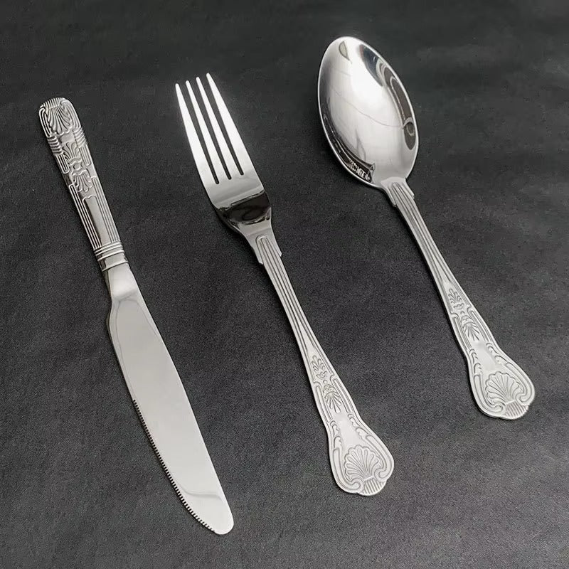 Stainless Steel Shell Knife Fork Spoon Household Western Flatware Steak Retro Relief Round Dessert Cutlery Set
