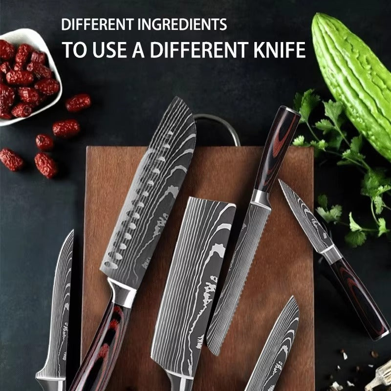 8 Pieces Professional Kitchen Slicing Tool 8 Inch Japanese Damascus Steel Laser Pattern Kitchen Chef Knife Set