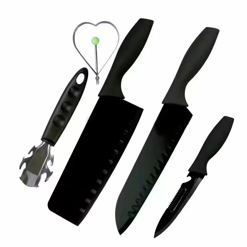 German Professional Premium Quality 5 Pcs 5 Piece Matte Black Plated Stainless Steel Chef Knife Set for Kitchen Tool