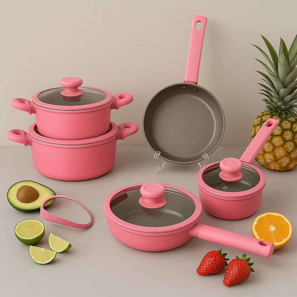 New Fashion Pink Three-piece Customizable Casserole Aluminum Non-stick Soup Pot Set