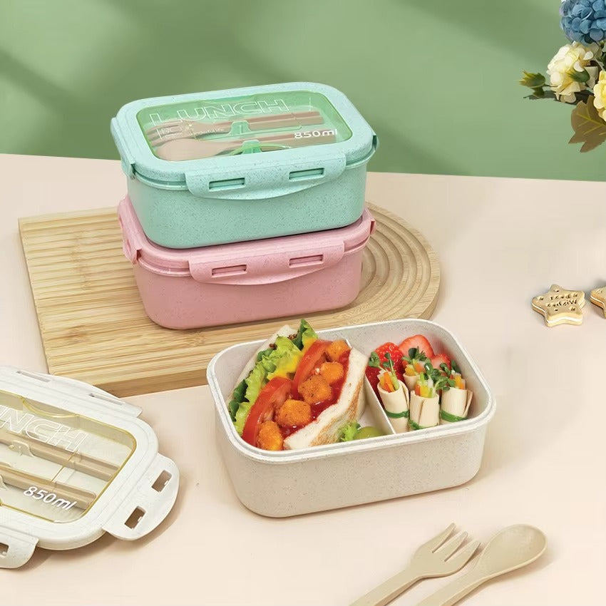 Portable Lunch Box Bento Rice Husk Eco Wheat Straw Fiber Lunch Box with Spoon Fork Cutlery for Student Worker