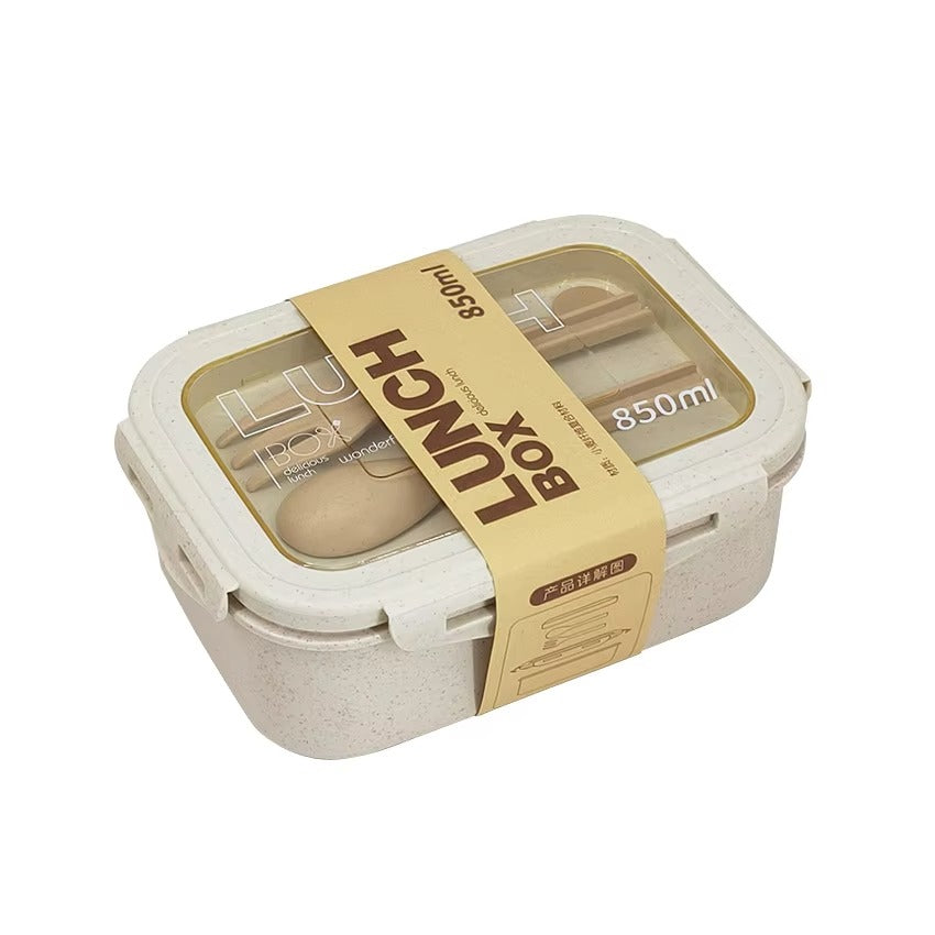 Portable Lunch Box Bento Rice Husk Eco Wheat Straw Fiber Lunch Box with Spoon Fork Cutlery for Student Worker