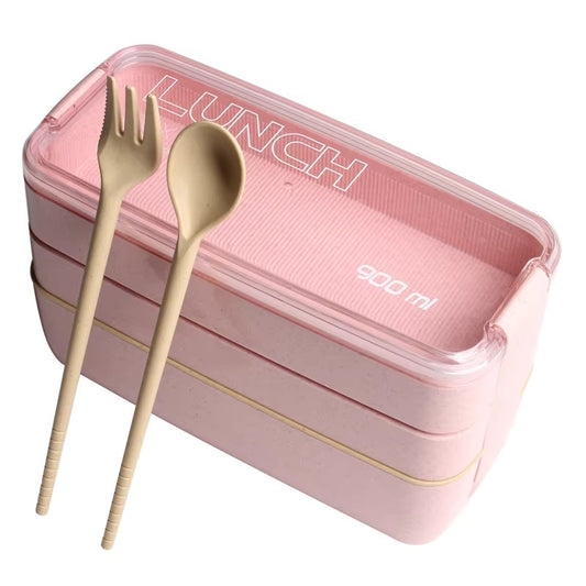 Eco Friendly Wheat Straw Fiber Bento Box Three Layers Lunch Box Set with Spoon Fork Cutlery and Lid