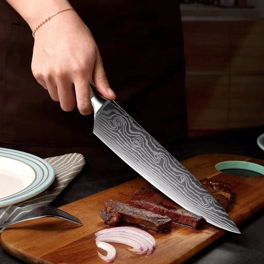 8 Pieces Professional Kitchen Slicing Tool 8 Inch Japanese Damascus Steel Laser Pattern Kitchen Chef Knife Set