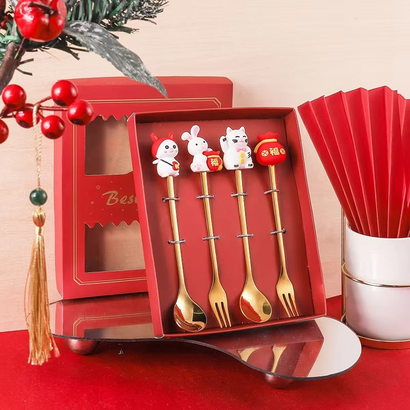 Christmas Gift Set Gold Plated Flatware Metal 410 Stainless Steel Coffee Dessert Spoon Fruit Fork Cutlery in Box