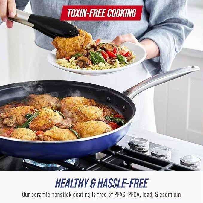 10-Piece Aluminum Non-Stick Cookware Set with Glass Lids and Utensils Non Stick Coating, Induction Compatible
